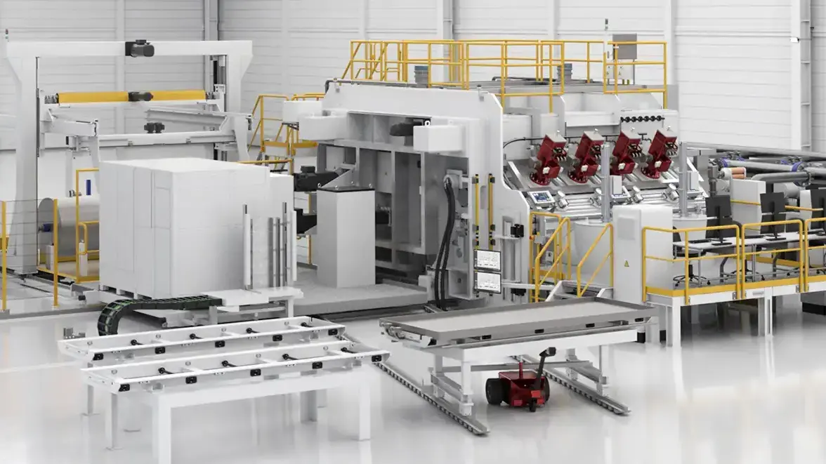 Perspective view of a VON ARDENNE roll-to-roll vacuum coating line for flexible substrates.