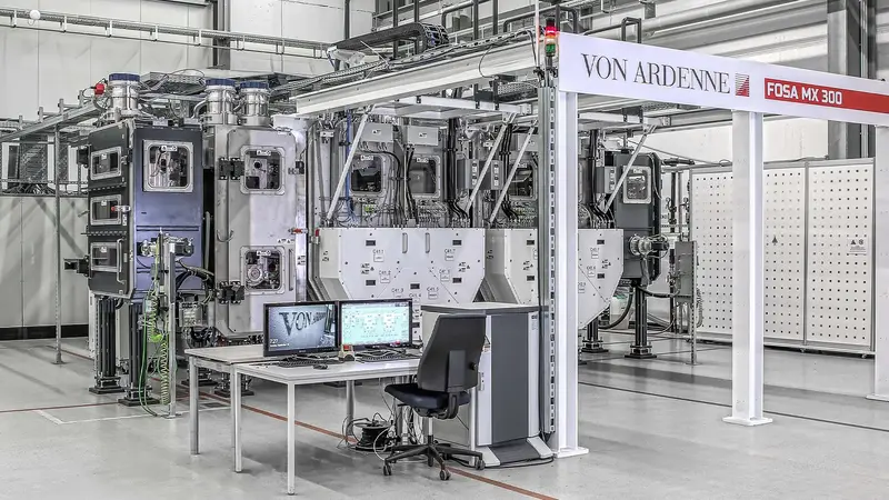 Perspective view of a VON ARDENNE web coating line.