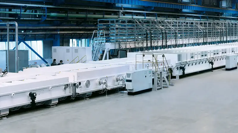 Perspective view of a horizontal VON ARDENNE glass coating system.